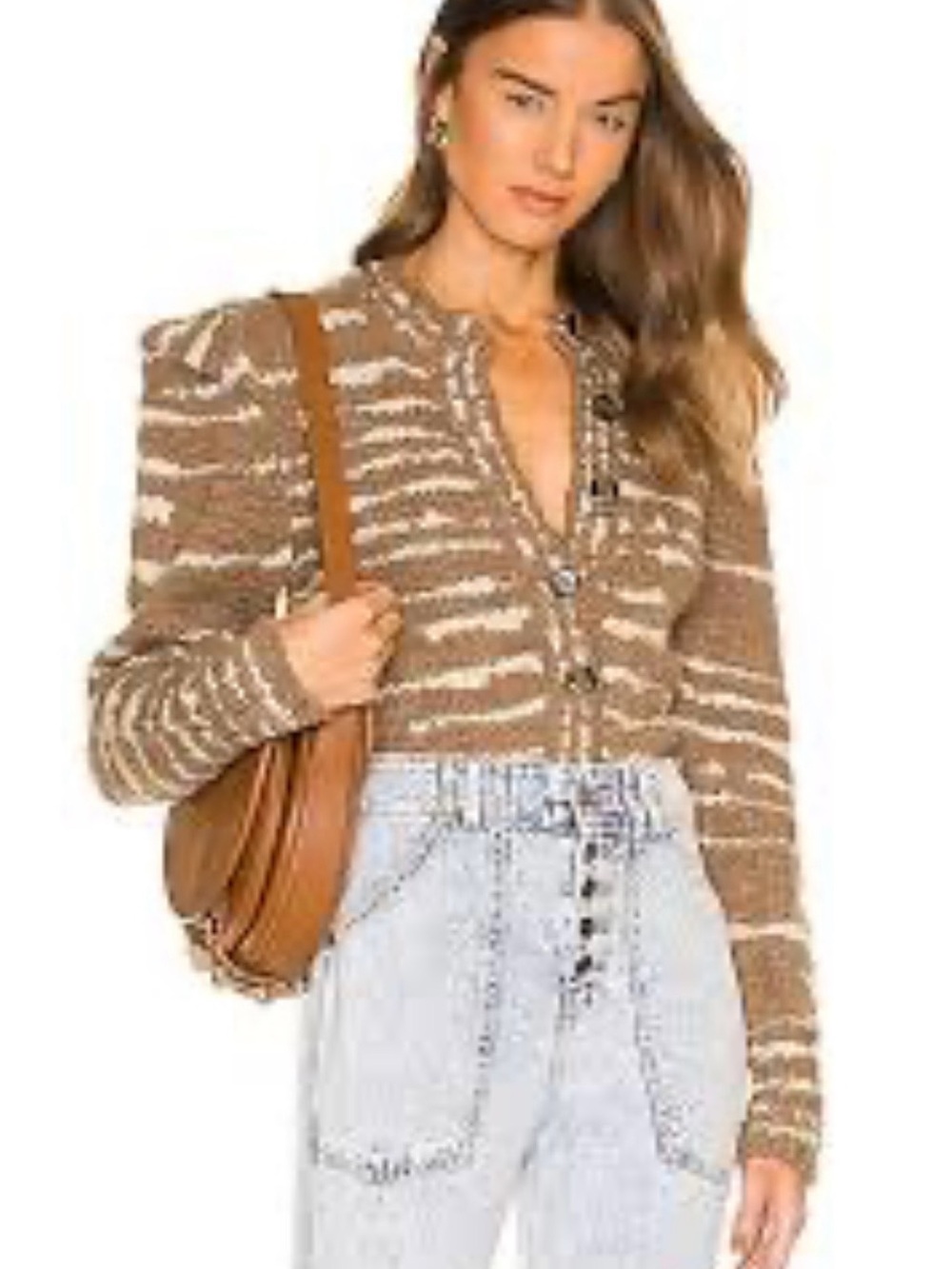 Ulla Johnson Brown/tan and Cream Striped Puff-Sleeve V-Neck Sweater cardigan